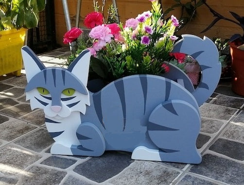 Cat Planter - Wooden Animal Plant Box - DIY Kit - Realistic Cat Garden Plant Holder