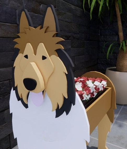 Rough Collie Dog Planter - Wooden Planter Box - DIY Kit - Realistic Dog Garden Plant Holder