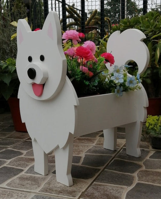 Samoyed Dog Planter - Wooden Planter Box - DIY Kit - Realistic Dog Garden Plant Holder