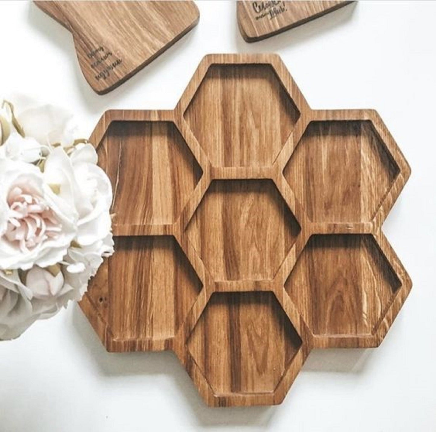 Honeycomb Wood Serving Tray - 7 Compartment 18" - Chip & Dip - Divided Bowl - Charcuterie Tray Platter