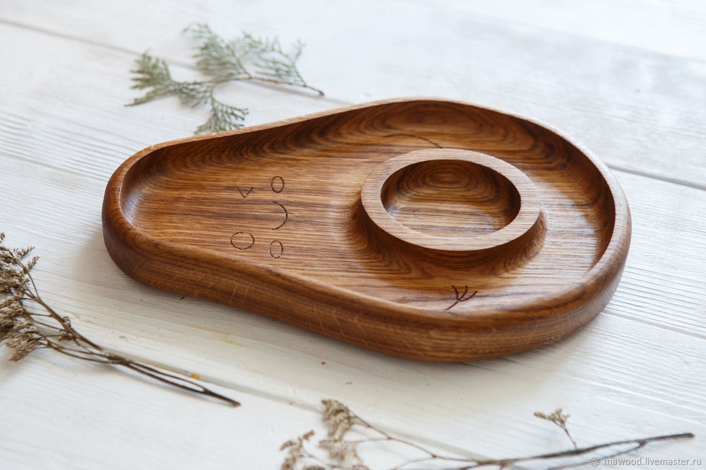 Avocado Wood Serving Tray - 14" 2 Compartment - Charcuterie Board - Cheese Board - Chip & Dip - Divided Bowl - Serving Tray Platter