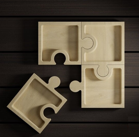 Puzzle Piece Wood Serving Tray - 4 Piece - Charcuterie Board - Cheese Board - Chip & Dip - Divided Bowl - Serving Tray Platter