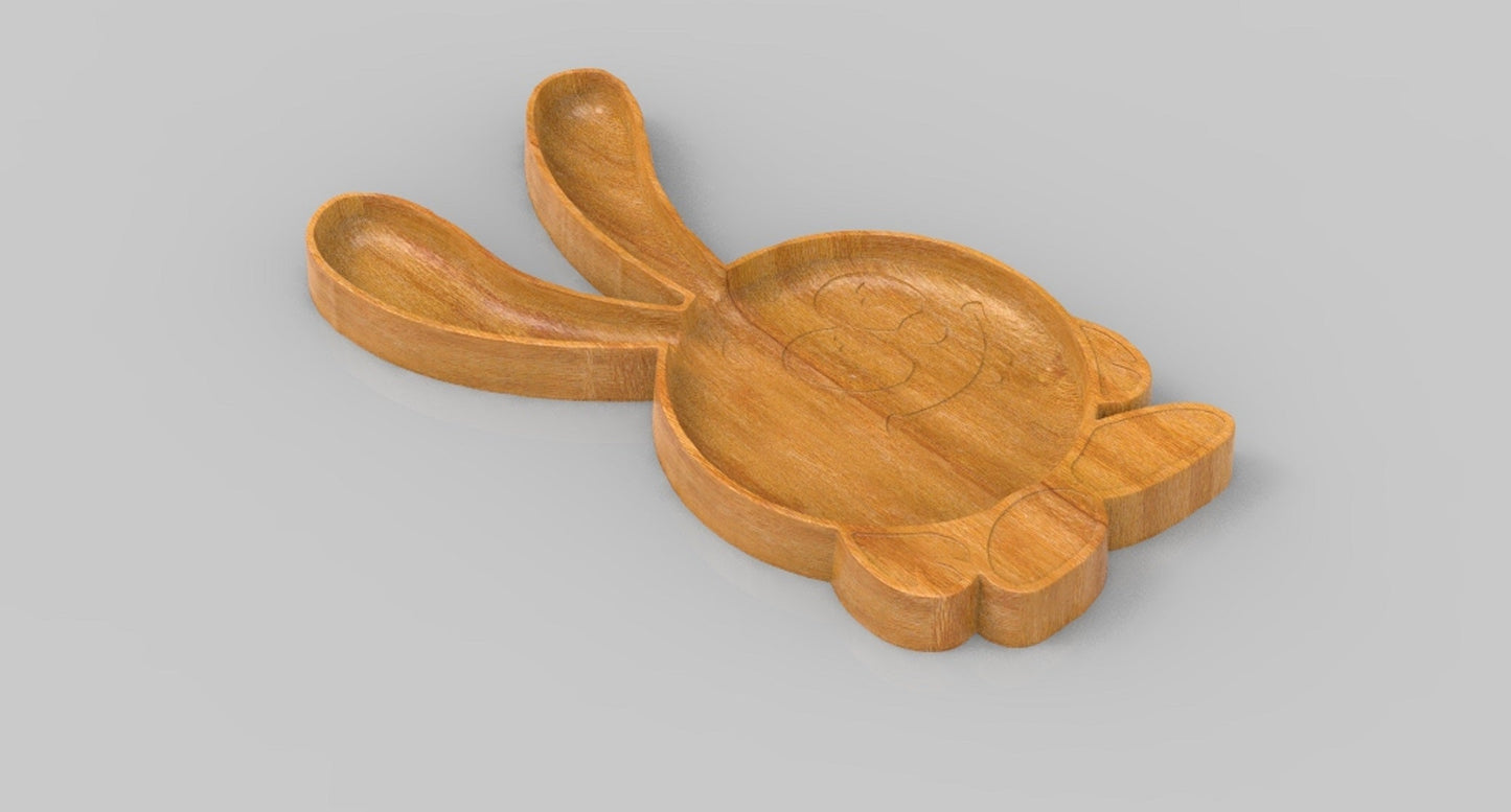 Long Ear Bunny Wood Kid Plate - Dinner Plate - Wooden Serving Dish