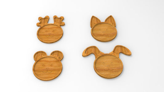 Animal Wood Kid Plate - Interchangeable Ears - Cat Bear Bunny Deer Dinner Plate - Wooden Serving Dish