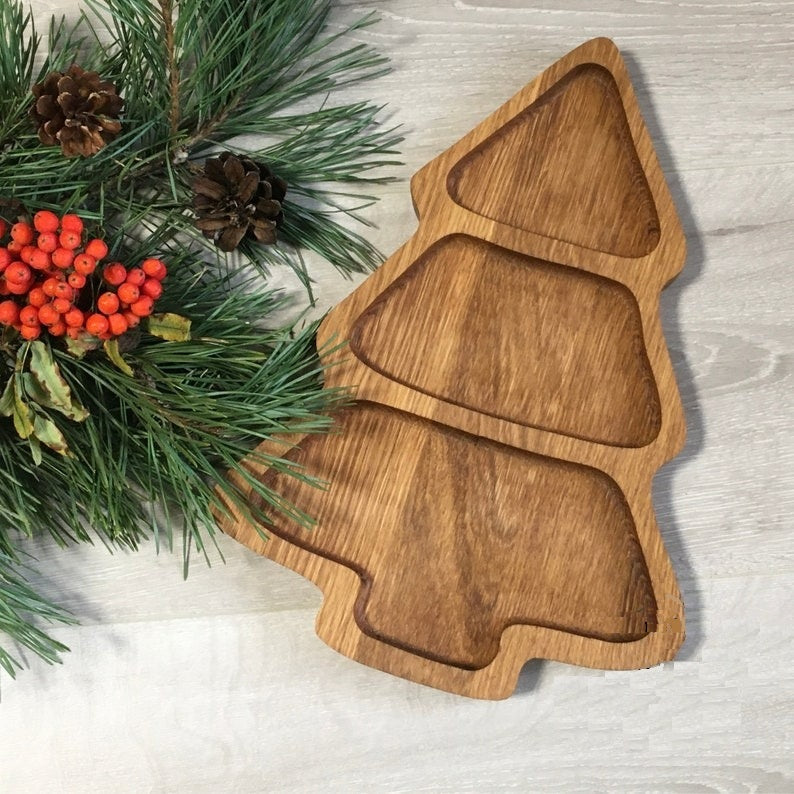 Christmas Tree Wooden Serving Tray - Charcuterie Board - Cheese Board - Chip & Dip - Divided Bowl - Wooden Platter