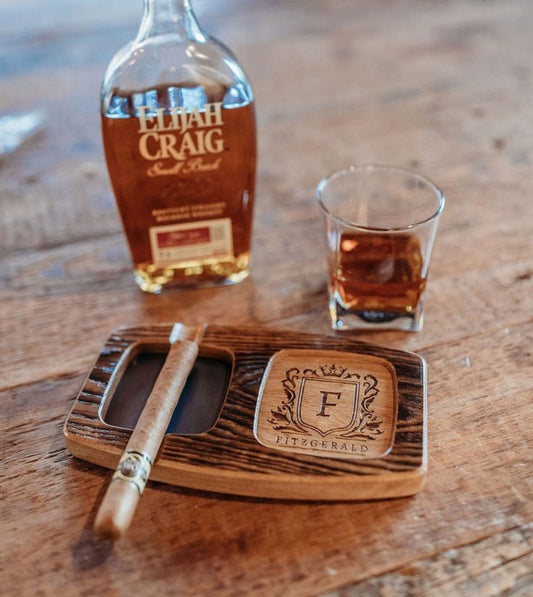 Whiskey & Cigar Wooden Tray - Square Ashtray - Coaster Drink Holder - Wooden Platter