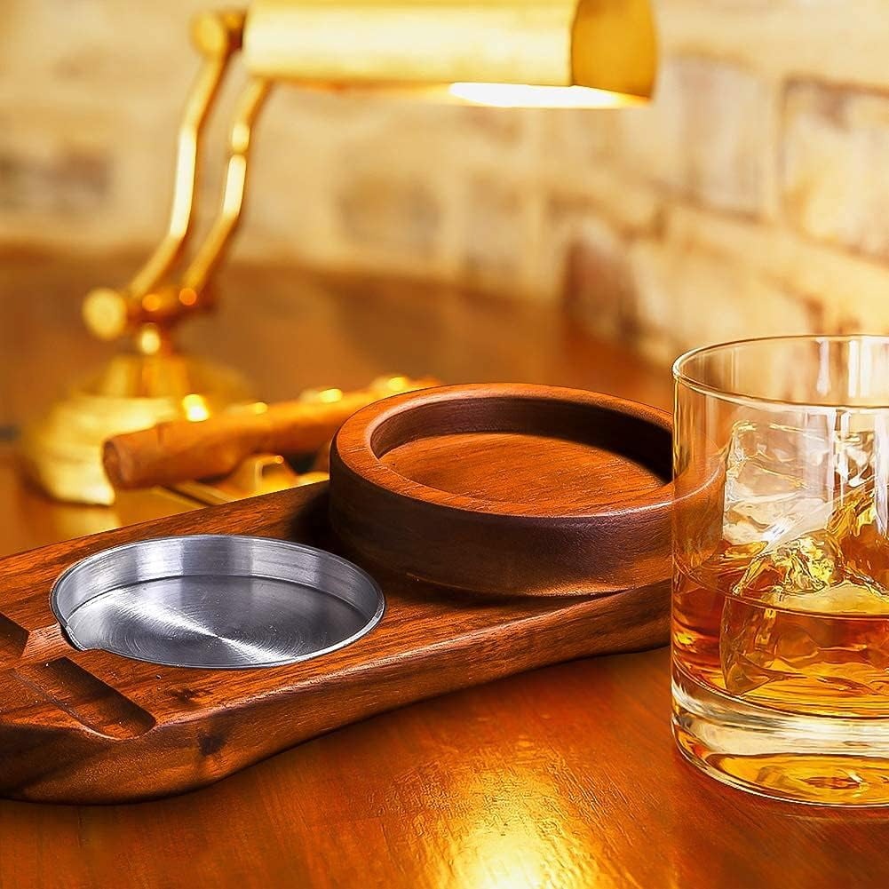 Whiskey & Cigar Wooden Tray - Round Ashtray - Coaster Drink Holder - Wooden Platter