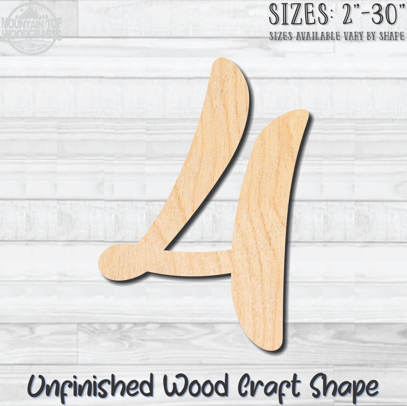 Script Number 4 Fancy Unfinished Wood Shape Blank Laser Engraved Cutout Woodcraft Craft Supply