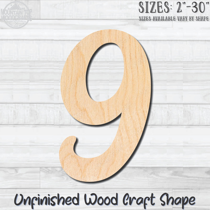 Script Number 9 Fancy Unfinished Wood Shape Blank Laser Engraved Cutout Woodcraft Craft Supply