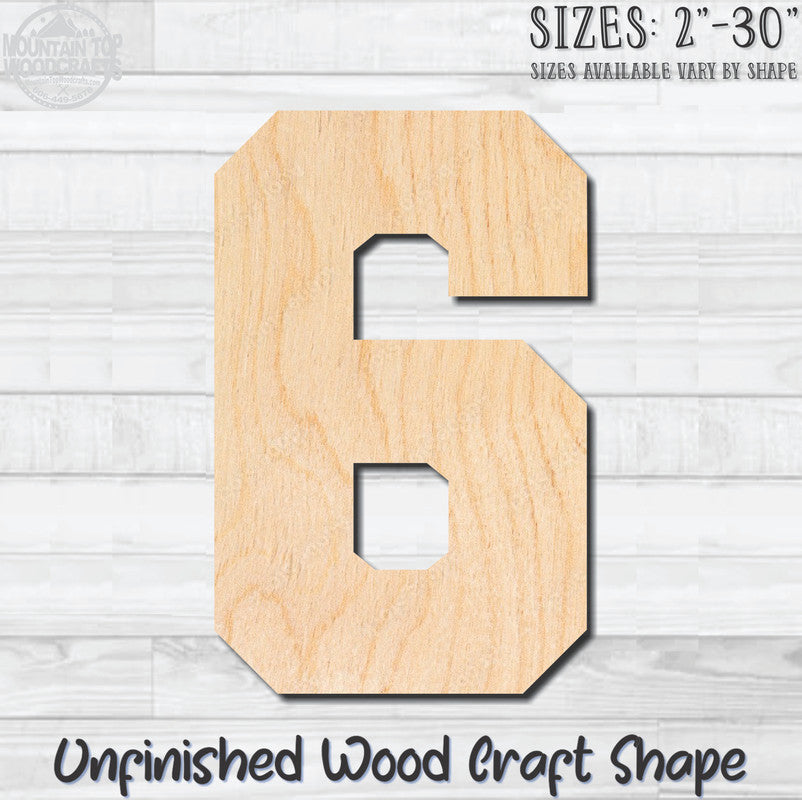 Varsity Number 6 Sports Unfinished Wood Shape Blank Laser Engraved Cutout Woodcraft Craft Supply