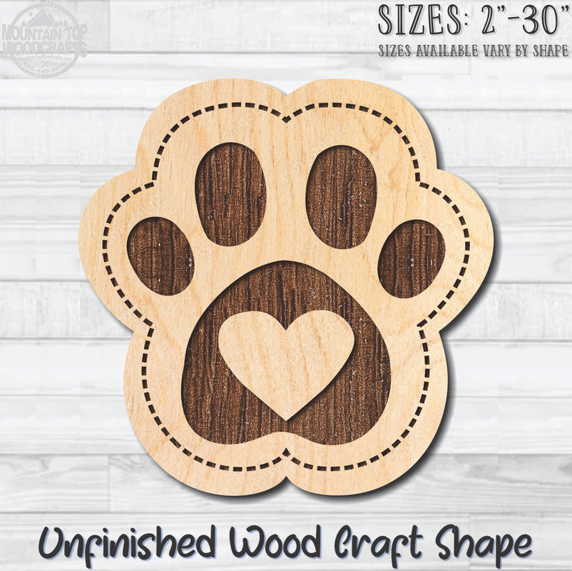 Animal Paw Print Unfinished Wood Shape Blank Laser Engraved Cutout Woodcraft Craft Supply