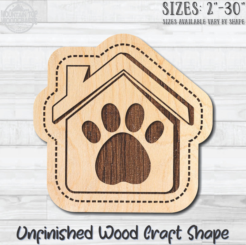 Animal Paw Print Dog House Unfinished Wood Shape Blank Laser Engraved Cutout Woodcraft Craft Supply