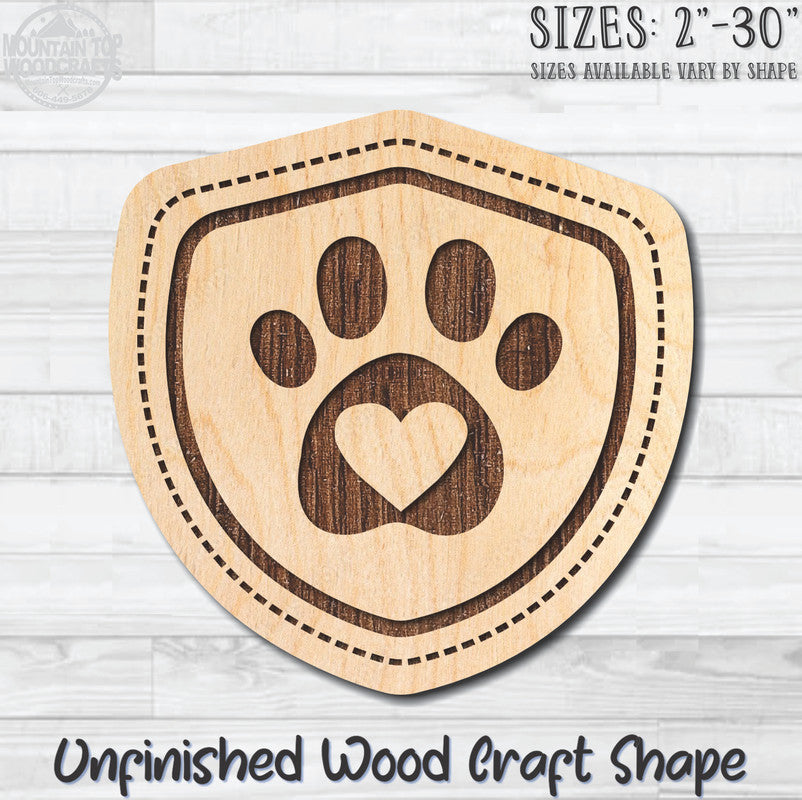 Animal Paw Print Shield Love Unfinished Wood Shape Blank Laser Engraved Cutout Woodcraft Craft Supply