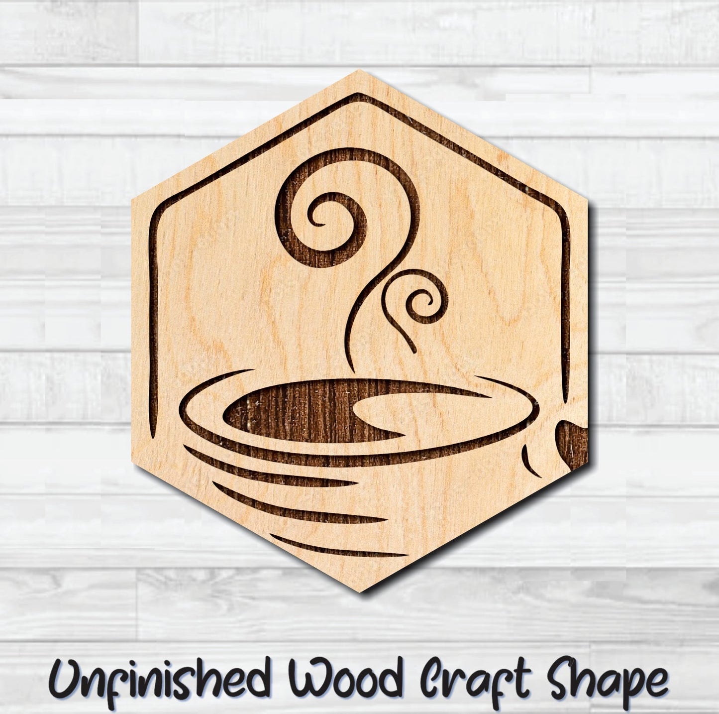 Coffee Tea Badge Hexagon 2 Unfinished Wood Shape Blank Laser Engraved Cut Out Woodcraft Craft Supply
