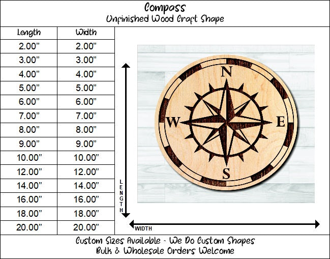 Compass Nautical 12 Unfinished Wood Shape Blank Laser Engraved Cut Out Woodcraft Craft Supply