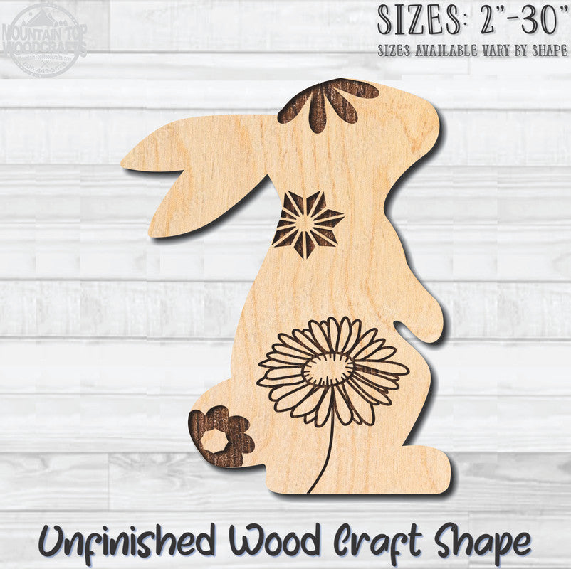 Floral Rabbit 2 Easter Unfinished Wood Shape Blank Laser Engraved Cutout Woodcraft Craft Supply