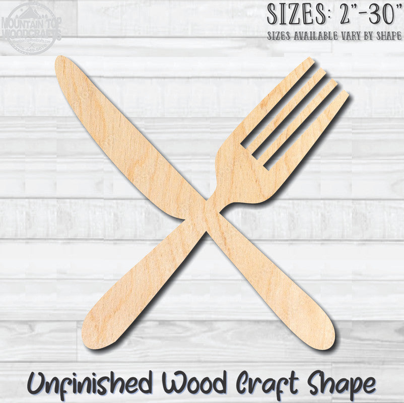 Crossed Fork & Knife Kitchen Unfinished Wood Shape Blank Laser Engraved Cutout Woodcraft Craft Supply