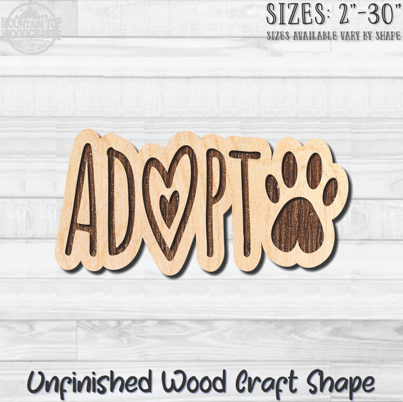 Adopt Paw Print Unfinished Wood Shape Blank Laser Engraved Cutout Woodcraft Craft Supply