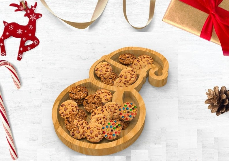 Snowman Wooden Serving Tray - Charcuterie Board - Cheese Board - Chip & Dip - Divided Bowl - Wooden Platter