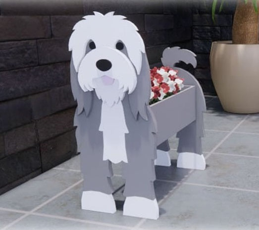 Bearded Collie Dog Planter - Wooden Animal Plant Box - DIY Kit - Realistic Dog Garden Plant Holder