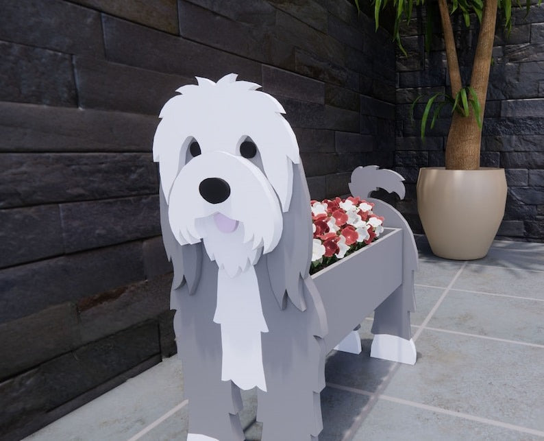 Bearded Collie Dog Planter - Wooden Animal Plant Box - DIY Kit - Realistic Dog Garden Plant Holder