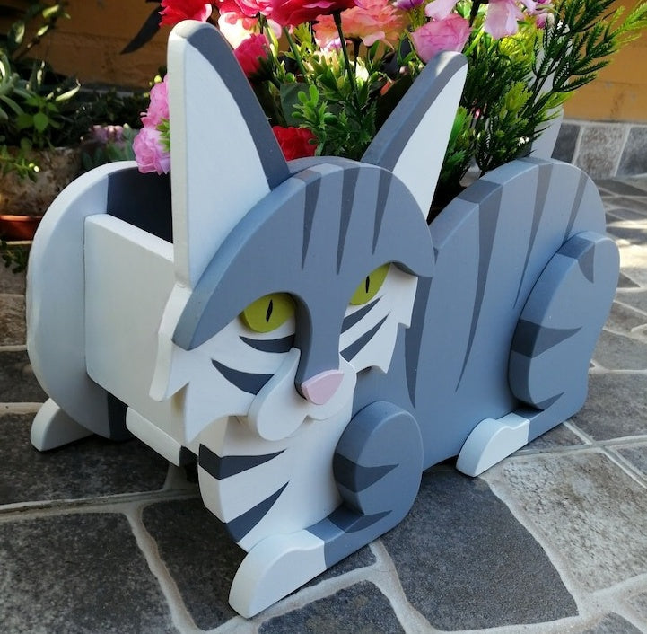 Cat Planter - Wooden Animal Plant Box - DIY Kit - Realistic Cat Garden Plant Holder