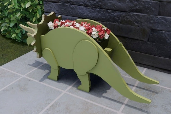 Dinosaur Triceratops Planter - Wooden Planter Box - DIY Kit - Realistic Animal Garden Plant Holder
