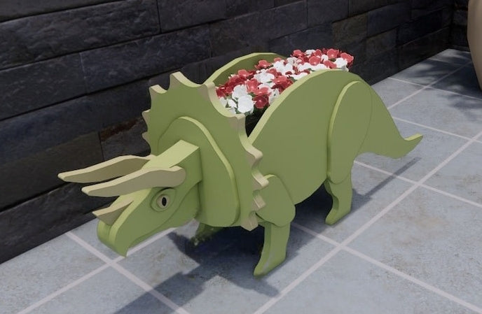 Dinosaur Triceratops Planter - Wooden Planter Box - DIY Kit - Realistic Animal Garden Plant Holder