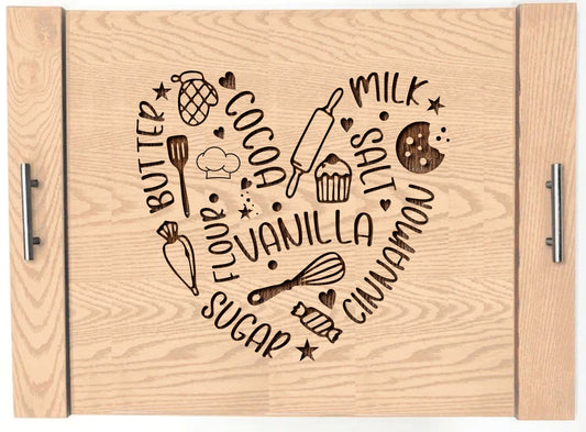 Baking Heart Wood Engraved Noodle Board - Stove Cover - Sink Cover - With Handles - Gas or Electric Stove