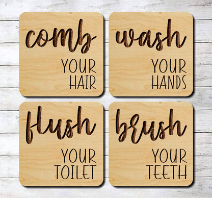 Bathroom ~ Comb Wash Flush Brush ~ Laser Engraved Sign Wood Wall Art