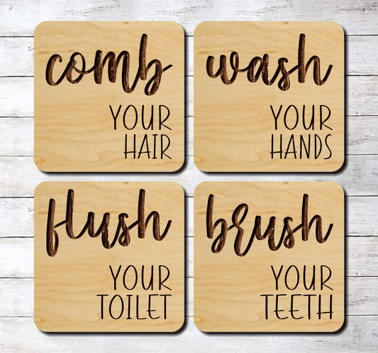 Bathroom ~ Comb Wash Flush Brush ~ Laser Engraved Sign Wood Wall Art