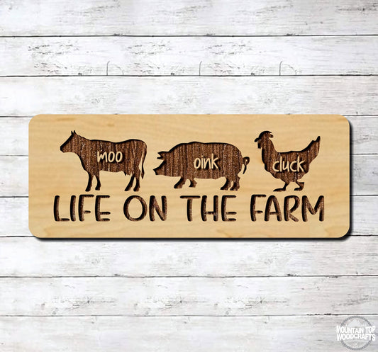 Life On The Farm Cow Pig Chicken Farmhouse Decor ~ Laser Engraved Sign Wood Wall Art