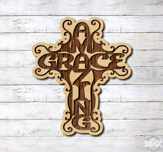 Amazing Grace Cross ~ Religion Christian Song ~ Laser Engraved Sign Wood Wall Art