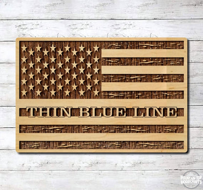 Thin Blue Line USA Flag ~ Police ~ Laser Engraved Sign Wood Wall Art