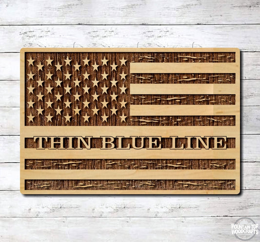 Thin Blue Line USA Flag ~ Police ~ Laser Engraved Sign Wood Wall Art