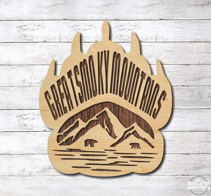 Great Smoky Mountains ~ Bear Paw ~ Laser Engraved Sign Wood Wall Art