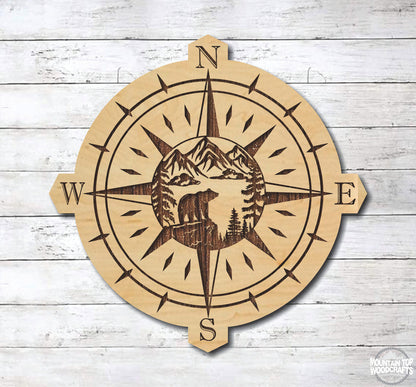 Bear Scene Compass ~ Laser Engraved Sign Wood Wall Art