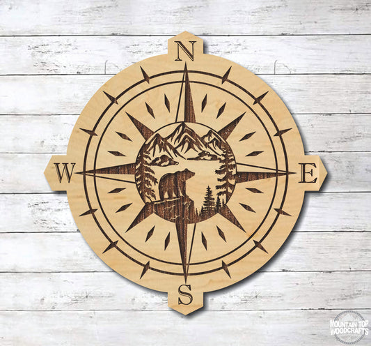 Bear Scene Compass ~ Laser Engraved Sign Wood Wall Art