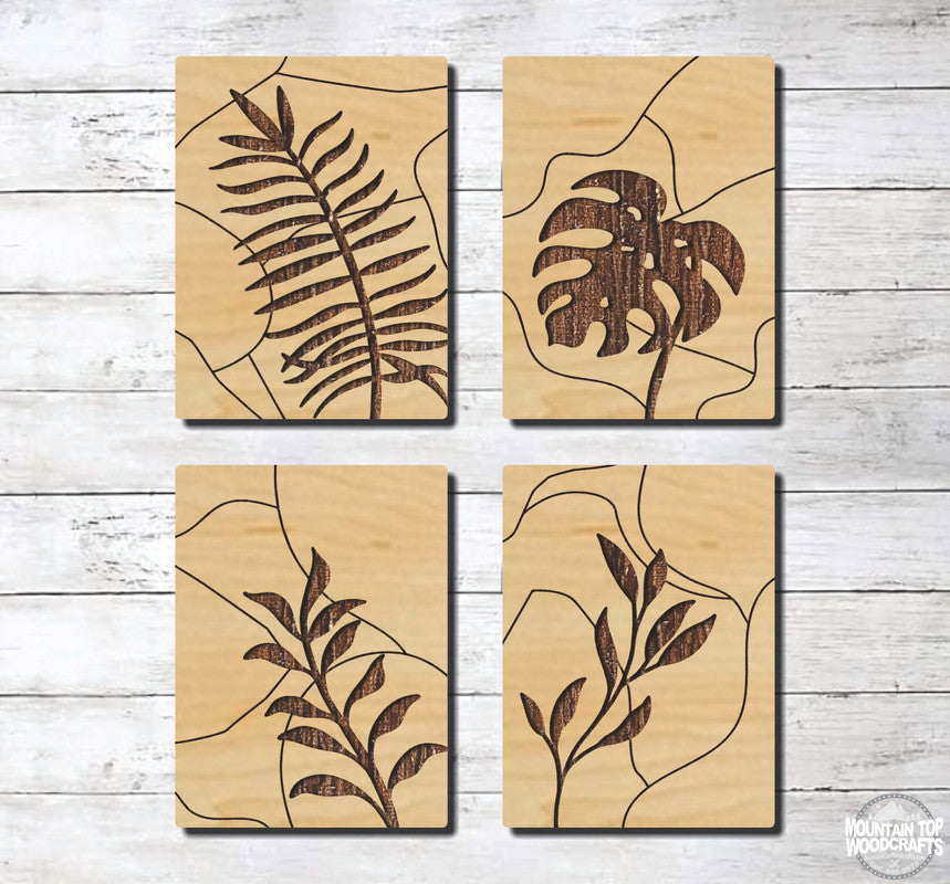 Leaf Scenes 4 Set ~ Art Deco Decor ~ Laser Engraved Sign Wood Wall Art