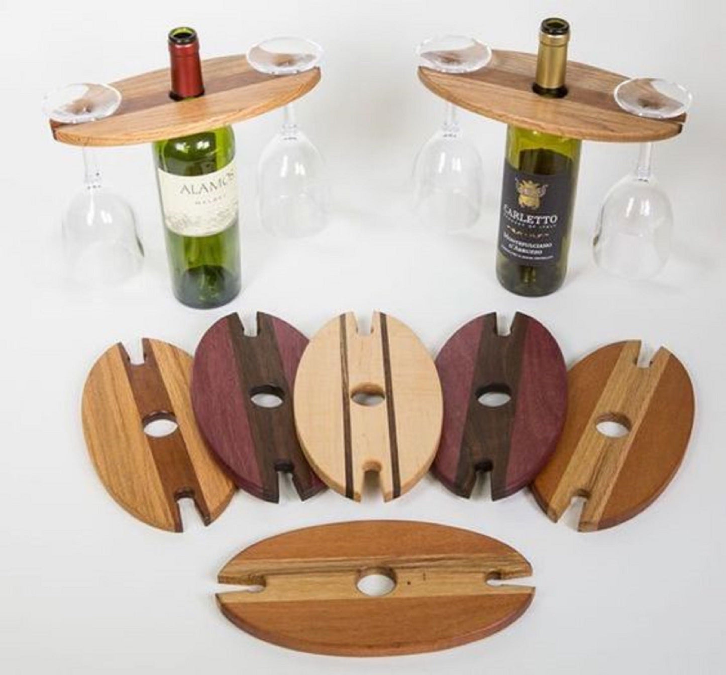 Wine Bottle Caddy Wooden Tray - 3 Styles - Wine Glass Rack - Wooden Platter