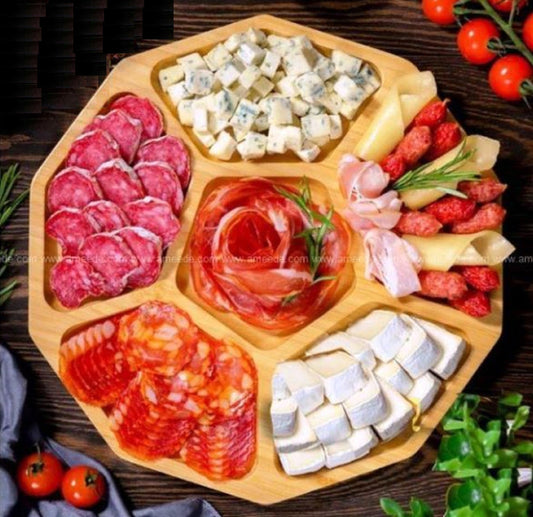 Pentagon Wood Serving Tray - 18" 6 Compartment - Charcuterie Board - Cheese Board - Chip & Dip - Divided Bowl - Serving Platter
