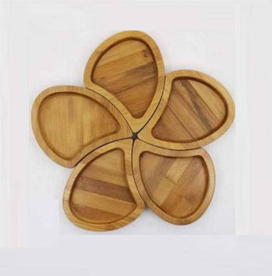 Flower Wood Serving Tray 5 Part 14" - Wooden Charcuterie Board - Cheese Board - Chip & Dip - Divided Bowl - Serving Platter