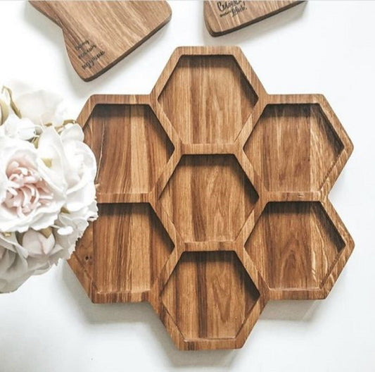 Honeycomb Wood Serving Tray - 7 Compartment 18" - Chip & Dip - Divided Bowl - Charcuterie Tray Platter