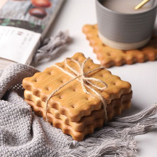 Biscuit Wood Coaster Set of 4 - Solid Wood Biscuit Shape Coasters - Tabletop Protection & Insulation
