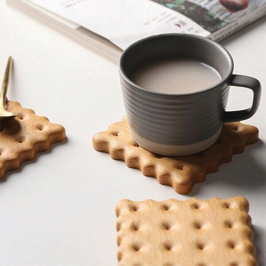 Biscuit Wood Coaster Set of 4 - Solid Wood Biscuit Shape Coasters - Tabletop Protection & Insulation