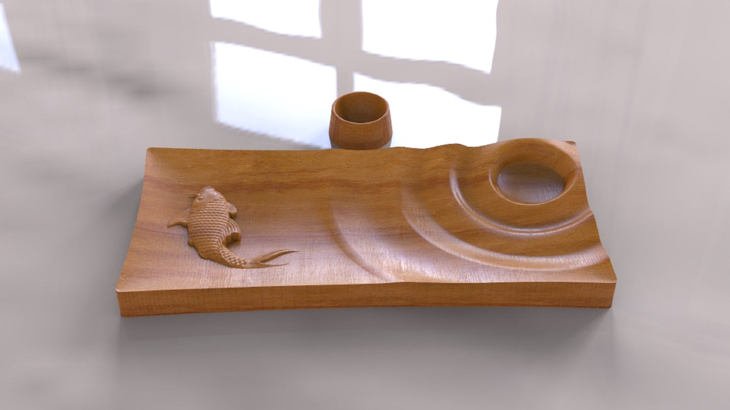 Sushi Wooden Serving Tray - Cheese Board - Chip & Dip - Divided Bowl - Wooden Platter