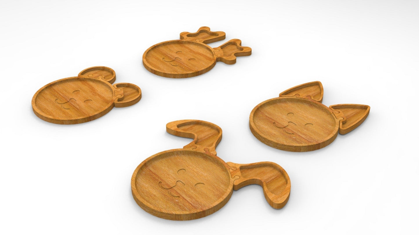 Animal Wood Kid Plate - Interchangeable Ears - Cat Bear Bunny Deer Dinner Plate - Wooden Serving Dish