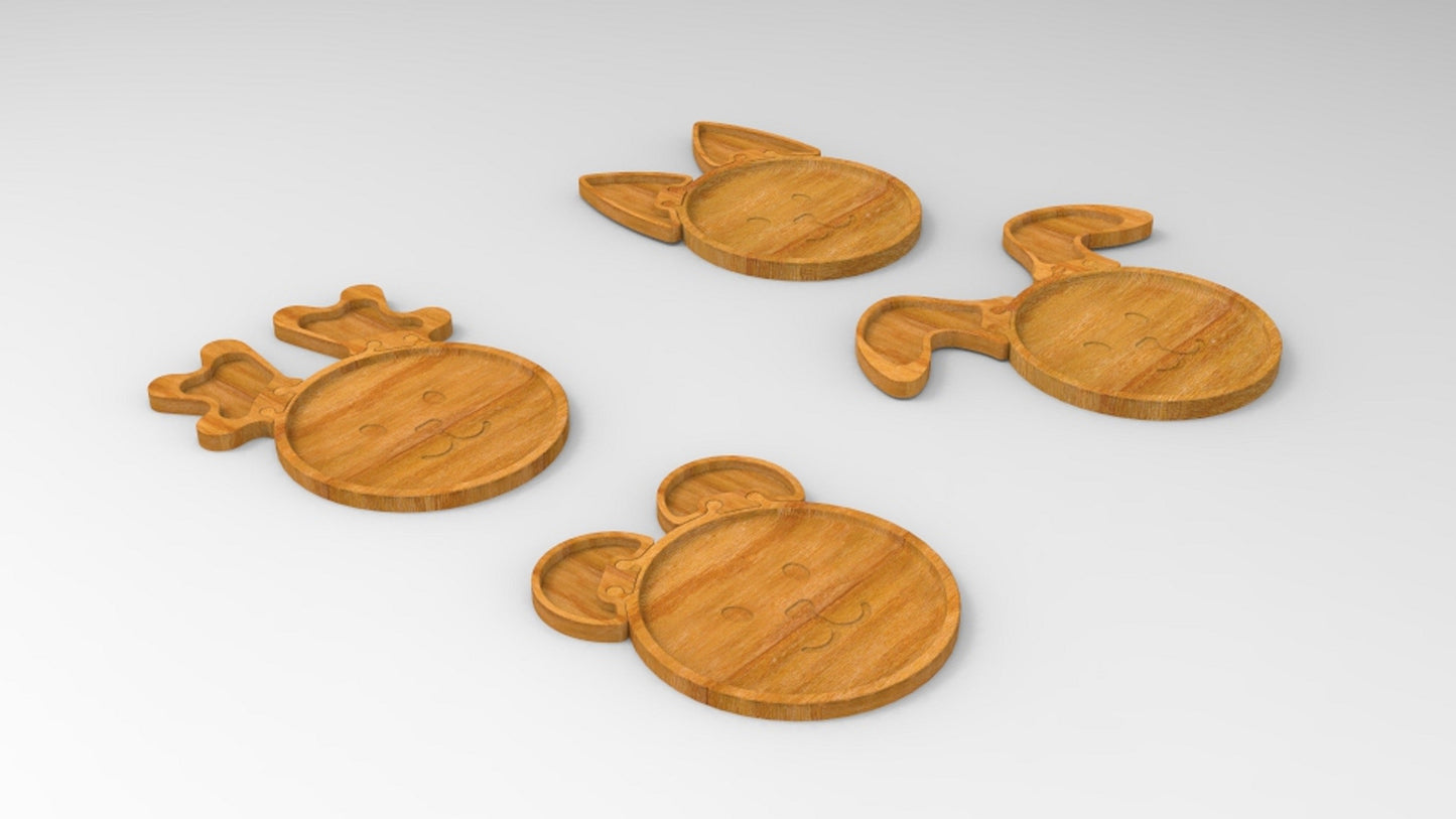 Animal Wood Kid Plate - Interchangeable Ears - Cat Bear Bunny Deer Dinner Plate - Wooden Serving Dish
