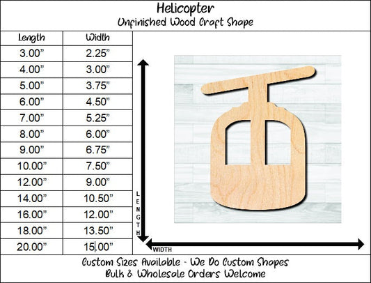 Helicopter Unfinished Wood Shape Blank Laser Engraved Cut Out Woodcraft Craft Supply