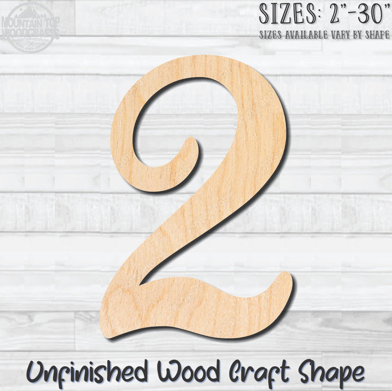 Script Number 2 Fancy Unfinished Wood Shape Blank Laser Engraved Cutout Woodcraft Craft Supply